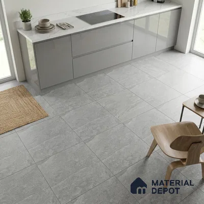 Minimalist kitchen with grey high gloss laminate cabinets, white marble countertop, and light grey stone floor tiles