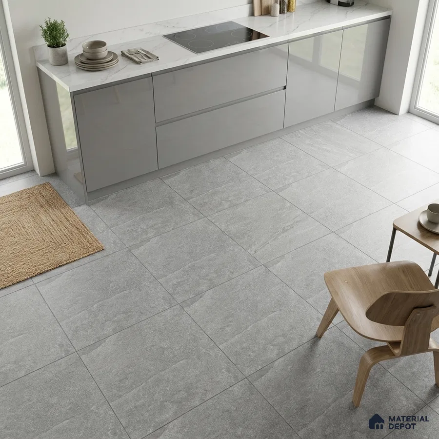 Minimalist kitchen with grey high gloss laminate cabinets, white marble countertop, and light grey stone floor tiles
