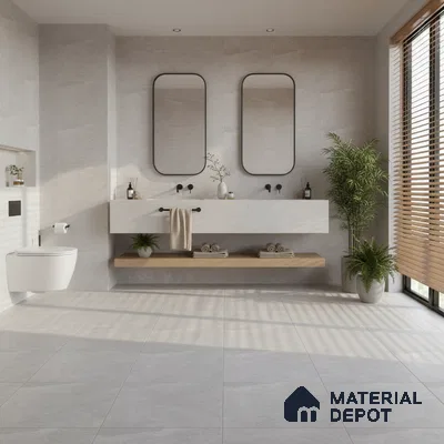 Minimalist bathroom with light grey stone tiles and floating wood shelf
