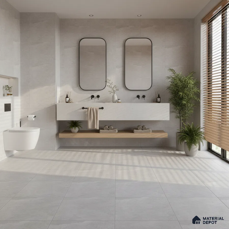 Minimalist bathroom with light grey stone tiles and floating wood shelf