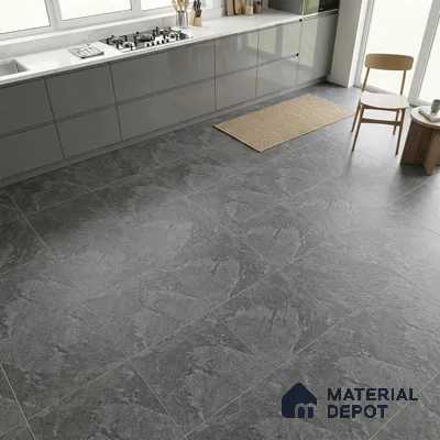 Modern kitchen with grey high gloss laminate cabinets and slate grey stone-look floor tiles