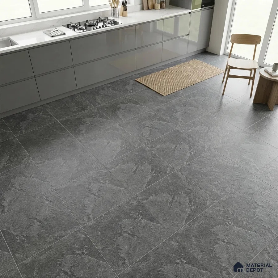 Modern kitchen with grey high gloss laminate cabinets and slate grey stone-look floor tiles