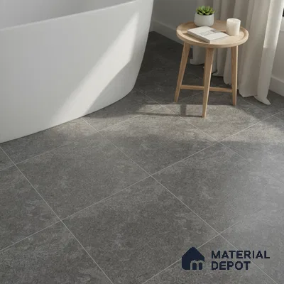 Minimalist bathroom with grey stone-look floor tiles and freestanding tub