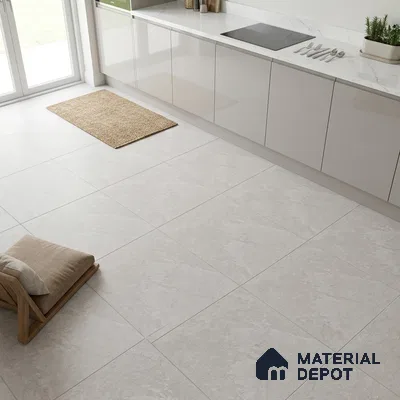 Minimalist kitchen with glossy white laminate cabinets and large light grey stone-look floor tiles