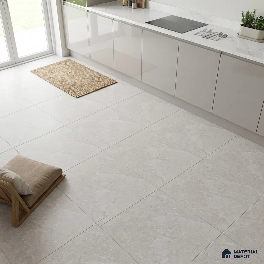 Minimalist kitchen with glossy white laminate cabinets and large light grey stone-look floor tiles
