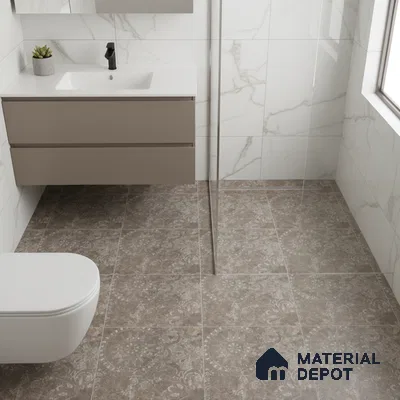Modern bathroom with marble-look wall tiles and patterned brown floor tiles
