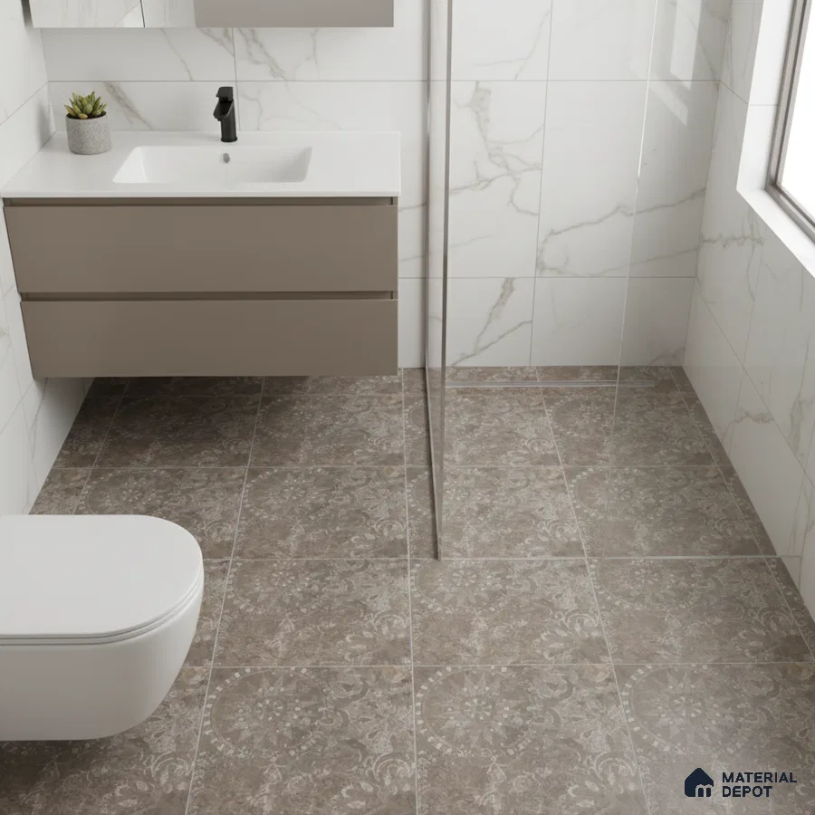 Modern bathroom with marble-look wall tiles and patterned brown floor tiles