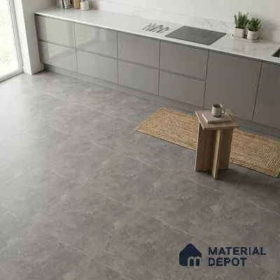 Minimalist kitchen with glossy grey laminate cabinets, white marble-look countertop, and matte grey stone floor tiles