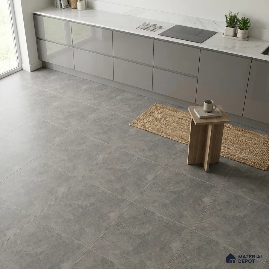 Minimalist kitchen with glossy grey laminate cabinets, white marble-look countertop, and matte grey stone floor tiles
