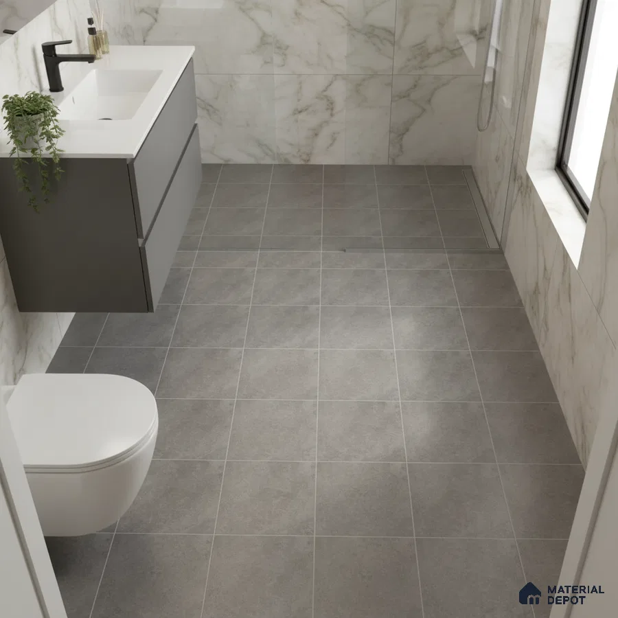 Modern bathroom with marble wall tiles, grey matte floor tiles, and floating vanity