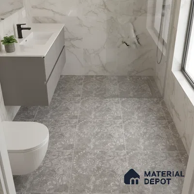 Modern bathroom with marble wall tiles and grey patterned floor tiles