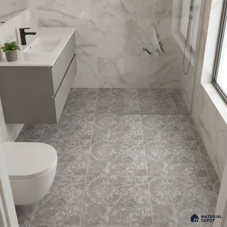 Modern bathroom with marble wall tiles and grey patterned floor tiles