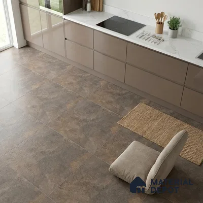 Modern kitchen with taupe high gloss laminate cabinets, white marble-look quartz countertop, and stone-look floor tiles
