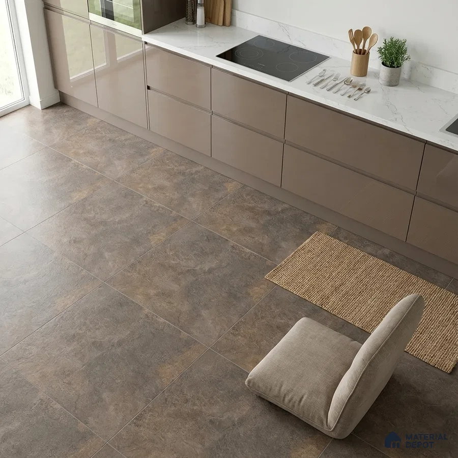 Modern kitchen with taupe high gloss laminate cabinets, white marble-look quartz countertop, and stone-look floor tiles