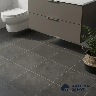 Modern bathroom with matte grey floor tiles and taupe floating vanity