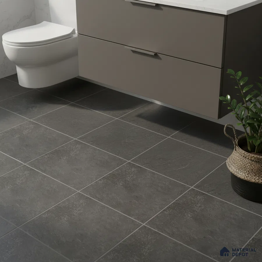 Modern bathroom with matte grey floor tiles and taupe floating vanity