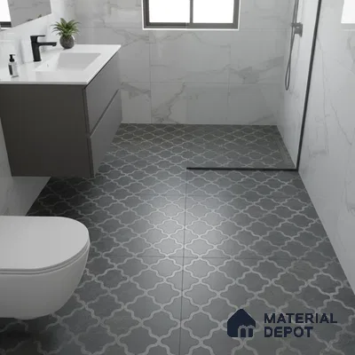 Modern bathroom with white marble wall tiles and grey moroccan patterned floor tiles