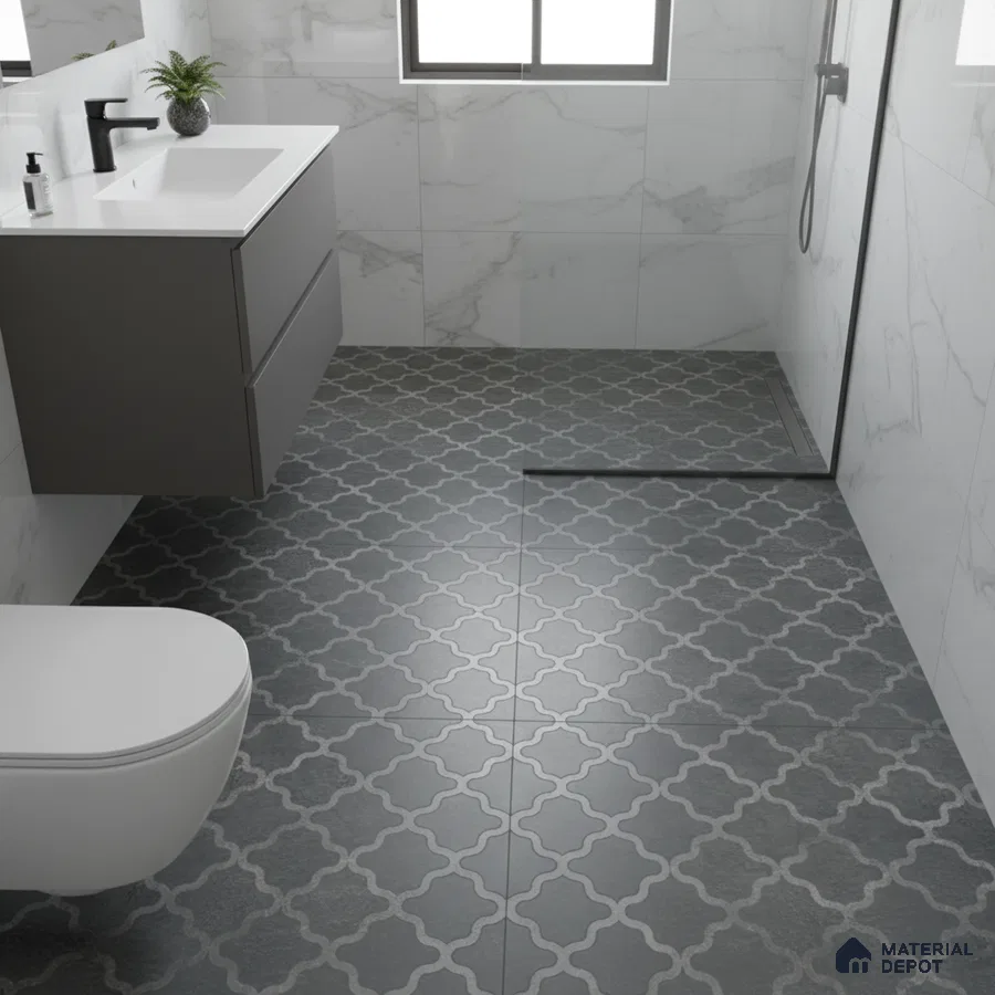 Modern bathroom with white marble wall tiles and grey moroccan patterned floor tiles