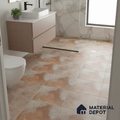 Modern bathroom with terracotta floor tiles and marble wall tiles
