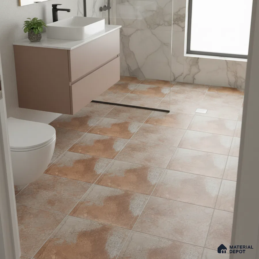 Modern bathroom with terracotta floor tiles and marble wall tiles