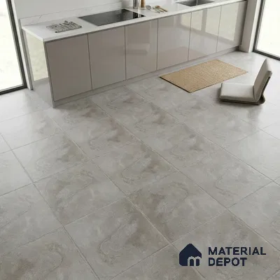 Minimalist kitchen with glossy taupe laminate cabinets and matte grey stone-look floor tiles
