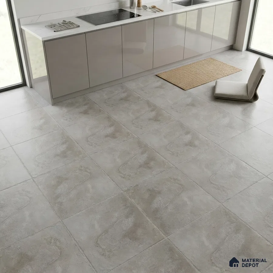 Minimalist kitchen with glossy taupe laminate cabinets and matte grey stone-look floor tiles