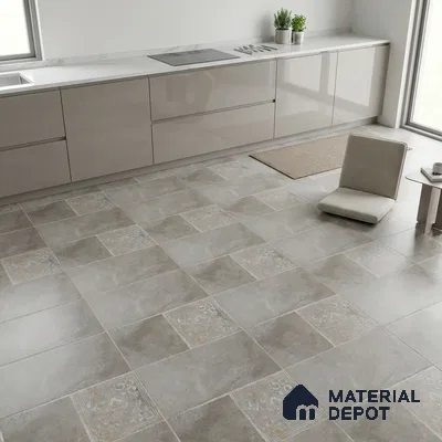 Minimalist kitchen with glossy taupe laminate cabinets, white marble countertop, and patterned grey floor tiles