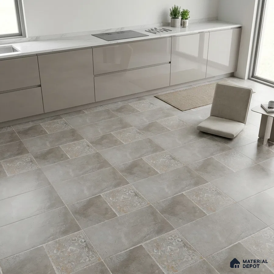 Minimalist kitchen with glossy taupe laminate cabinets, white marble countertop, and patterned grey floor tiles