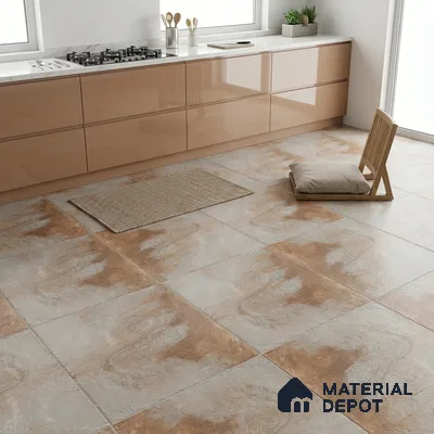 Modern kitchen with glossy beige laminate cabinets and rustic beige stone-look floor tiles
