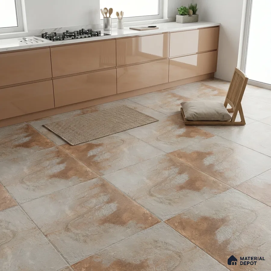 Modern kitchen with glossy beige laminate cabinets and rustic beige stone-look floor tiles