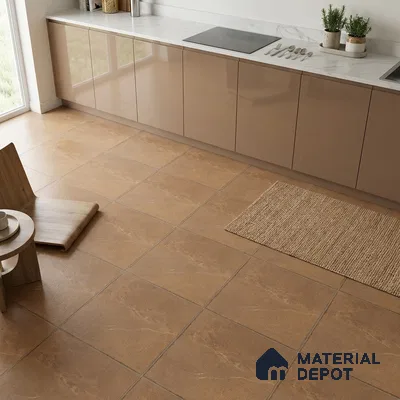 Modern kitchen with glossy beige laminate cabinets, white marble countertop, and matte terracotta floor tiles
