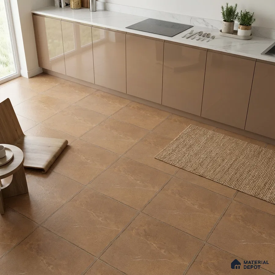Modern kitchen with glossy beige laminate cabinets, white marble countertop, and matte terracotta floor tiles