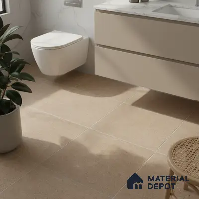 Modern bathroom with beige floor tiles, marble-look countertop, and matte taupe vanity