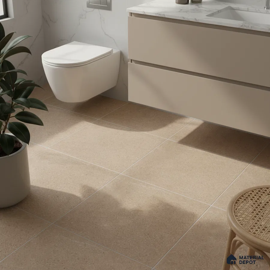 Modern bathroom with beige floor tiles, marble-look countertop, and matte taupe vanity
