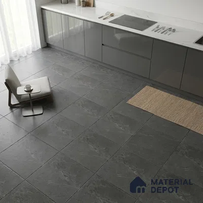 Minimalist kitchen with grey high gloss laminate cabinets, white marble-look countertop, and charcoal stone floor tiles