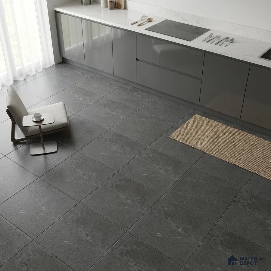 Minimalist kitchen with grey high gloss laminate cabinets, white marble-look countertop, and charcoal stone floor tiles
