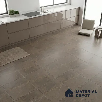 Modern kitchen with taupe high gloss laminate cabinets, white marble countertop, and brown stone-look floor tiles