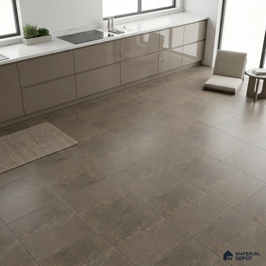 Modern kitchen with taupe high gloss laminate cabinets, white marble countertop, and brown stone-look floor tiles