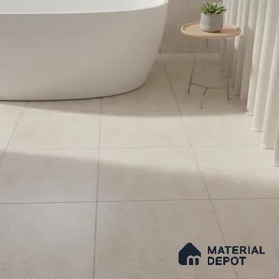 Minimalist bathroom with matte beige floor tiles and freestanding tub