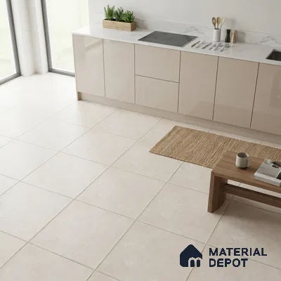 Minimalist kitchen with glossy beige laminate cabinets, white marble-look countertop, and large cream floor tiles