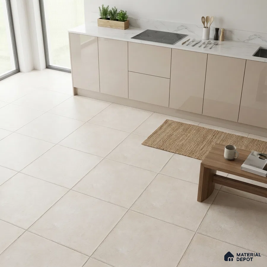 Minimalist kitchen with glossy beige laminate cabinets, white marble-look countertop, and large cream floor tiles