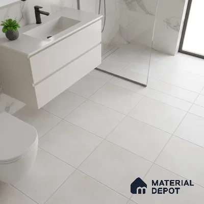 Minimalist bathroom with matte white wall tiles, marble-look shower wall tiles, and frosty white floating vanity
