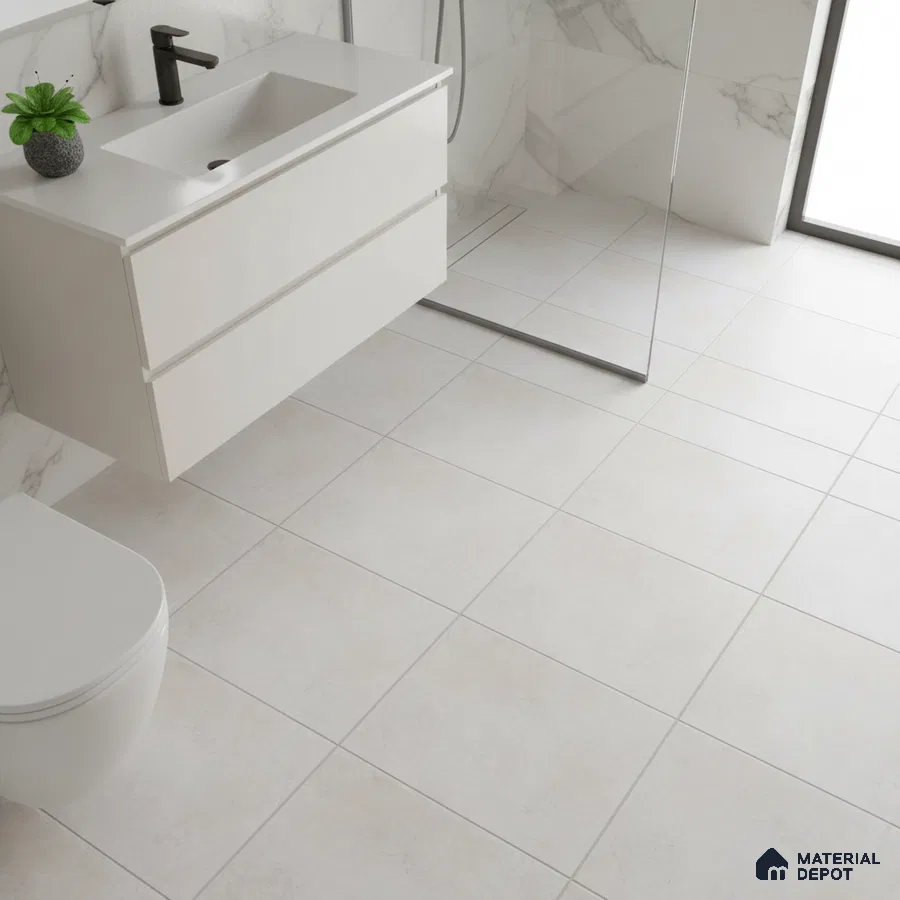Minimalist bathroom with matte white wall tiles, marble-look shower wall tiles, and frosty white floating vanity