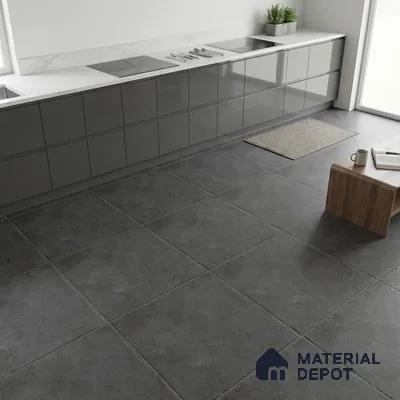 Modern kitchen with glossy grey laminate cabinets, white marble countertop, and large format charcoal grey floor tiles