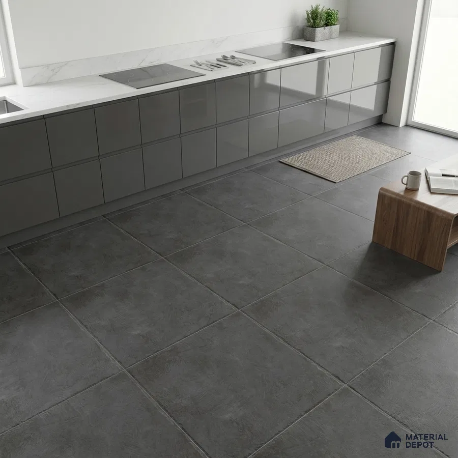 Modern kitchen with glossy grey laminate cabinets, white marble countertop, and large format charcoal grey floor tiles