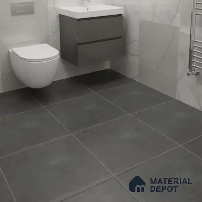 Modern bathroom with grey stone floor tiles and white marble wall tiles