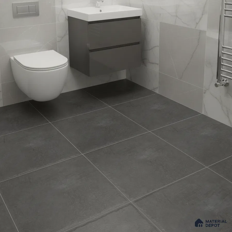 Modern bathroom with grey stone floor tiles and white marble wall tiles