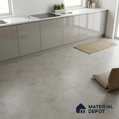 Minimalist kitchen with glossy light grey laminate cabinets and white marble countertop