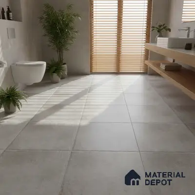Minimalist bathroom with light grey stone tiles and natural wood floating vanity