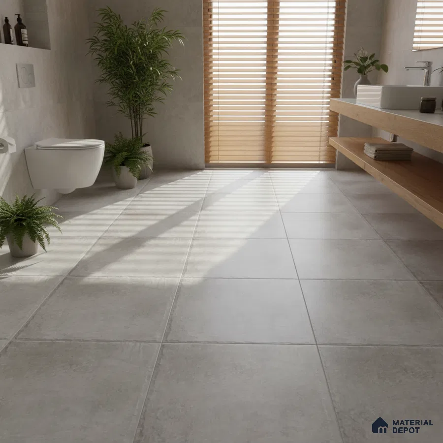 Minimalist bathroom with light grey stone tiles and natural wood floating vanity